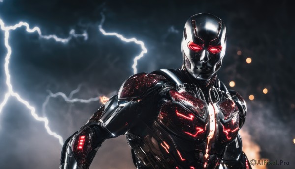 solo,looking at viewer,red eyes,1boy,upper body,male focus,cloud,armor,mask,glowing,helmet,glowing eyes,science fiction,lightning,power armor,tokusatsu,electricity