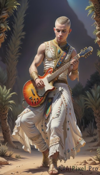 solo,1boy,jewelry,full body,male focus,outdoors,sleeveless,pants,dark skin,necklace,nail polish,bracelet,tree,sandals,instrument,nature,red nails,toenails,realistic,anklet,music,guitar,bracer,bald,very short hair,playing instrument,holding instrument,baggy pants,plectrum,closed eyes,belt,toenail polish,facepaint,tribal