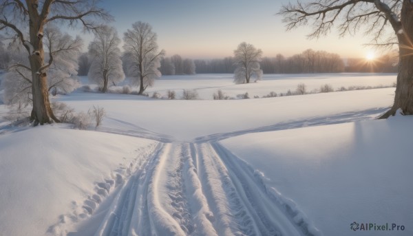 outdoors,sky,day,cloud,tree,blue sky,no humans,sunlight,nature,scenery,snow,forest,sunset,mountain,sun,winter,bare tree,landscape,sunrise,footprints,pine tree,watermark,lens flare,reflection,realistic