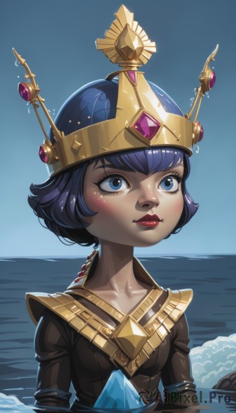 1girl,solo,breasts,blush,short hair,bangs,blue eyes,closed mouth,blue hair,collarbone,upper body,small breasts,dark skin,water,armor,dark-skinned female,lips,makeup,ocean,helmet,crown,looking up,lipstick,gem,partially submerged,nose,red lips,sky,cloud,eyelashes,genderswap,genderswap (mtf)