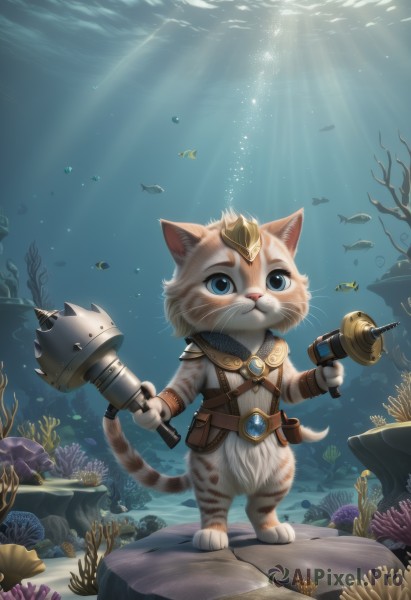 solo,looking at viewer,blue eyes,holding,standing,full body,weapon,holding weapon,no humans,animal,sunlight,cat,gem,fish,dual wielding,bubble,light rays,rock,underwater,air bubble,animal focus,hammer,shell,starfish,seashell,coral,seaweed,animal ears,jewelry,tail,belt,artist name,cat ears,water,cat tail,furry,pouch,whiskers