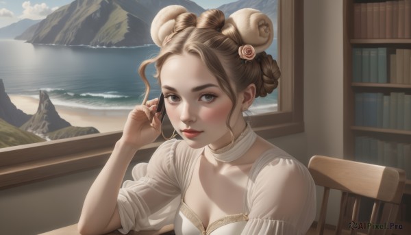 1girl,solo,breasts,looking at viewer,blush,smile,brown hair,hair ornament,dress,cleavage,brown eyes,jewelry,medium breasts,sitting,closed mouth,collarbone,upper body,braid,flower,short sleeves,earrings,outdoors,parted lips,horns,sky,choker,day,puffy sleeves,cloud,indoors,hand up,hair flower,water,hair bun,white dress,lips,book,window,double bun,makeup,rose,ocean,chair,beach,table,lipstick,forehead,nose,sand,bookshelf,red lips,white choker,sheep horns,short hair,fingernails,grey eyes,mountain,realistic,shore