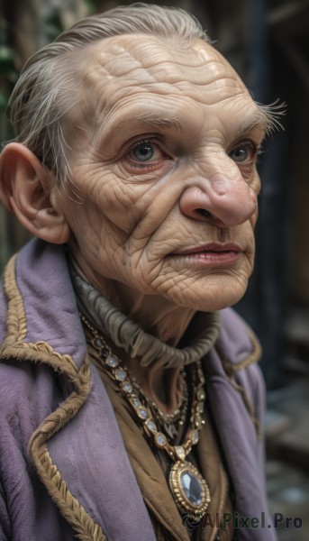 1girl,solo,looking at viewer,blue eyes,1boy,jewelry,jacket,upper body,white hair,grey hair,male focus,parted lips,teeth,necklace,blurry,lips,coat,grey eyes,blurry background,portrait,realistic,old,old man,old woman,wrinkled skin,closed mouth,artist name,scar,gem