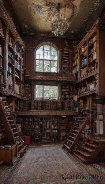 1girl,solo,day,indoors,tree,book,no humans,window,chair,table,sunlight,plant,scenery,skull,light rays,wooden floor,stairs,fantasy,railing,bookshelf,potted plant,architecture,shelf,statue,library,painting (object),ceiling,ladder,carpet,chandelier,loaded interior,candle,book stack,candlestand