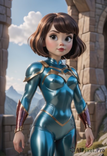 1girl,solo,breasts,looking at viewer,blush,smile,short hair,bangs,brown hair,brown eyes,closed mouth,standing,cowboy shot,small breasts,outdoors,sky,day,shiny,artist name,cloud,armor,blurry,covered nipples,blue sky,lips,bodysuit,blurry background,bob cut,shoulder armor,skin tight,shiny clothes,arms at sides,bracer,superhero,blue bodysuit,medium breasts,nose