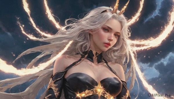 1girl,solo,long hair,breasts,looking at viewer,dress,cleavage,bare shoulders,medium breasts,collarbone,upper body,white hair,grey hair,hairband,parted lips,detached sleeves,sky,cloud,black dress,lips,grey eyes,floating hair,cloudy sky,crown,realistic,red lips,blue eyes,blonde hair,large breasts,very long hair,green eyes,horns,detached collar