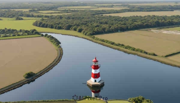 outdoors,sky,day,water,tree,no humans,grass,building,nature,scenery,forest,reflection,road,house,bridge,river,castle,tower,boat,landscape,lake,path,reflective water,cloud,blue sky,mountain,horizon,bush,field,scarlet devil mansion,traffic cone