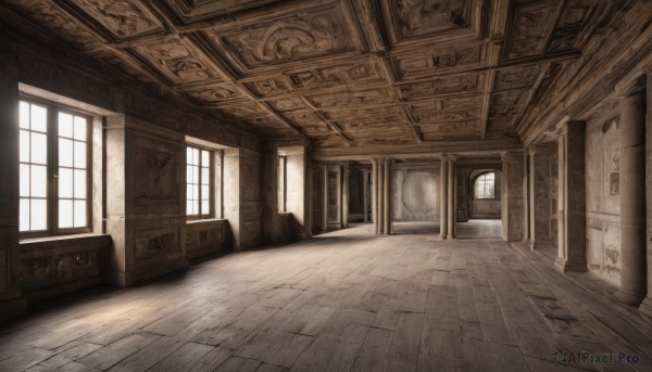 day,indoors,no humans,window,sunlight,scenery,wooden floor,stairs,door,pillar,hallway,monochrome,tiles,tile floor,floor,ceiling