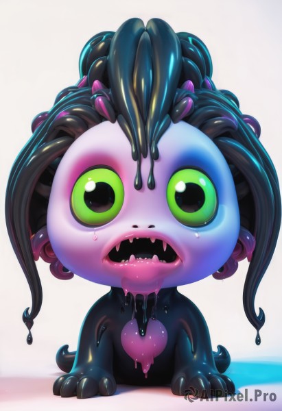 solo,looking at viewer,open mouth,simple background,white background,green eyes,full body,heart,teeth,tongue,artist name,water,wet,no humans,saliva,colored skin,fangs,sharp teeth,colored sclera,monster,creature,dripping,slime (substance),pokemon (creature),watermark,drooling,blue skin,melting,slime (creature)