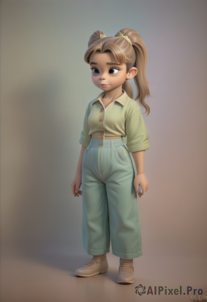 1girl,solo,long hair,brown hair,shirt,twintails,brown eyes,closed mouth,standing,full body,shoes,collared shirt,pants,artist name,signature,black eyes,buttons,shadow,brown footwear,denim,child,brown background,jeans,green shirt,arms at sides,blue pants,female child,breasts,simple background,ponytail,midriff,dark-skinned female,lips,sneakers,midriff peek,high-waist pants