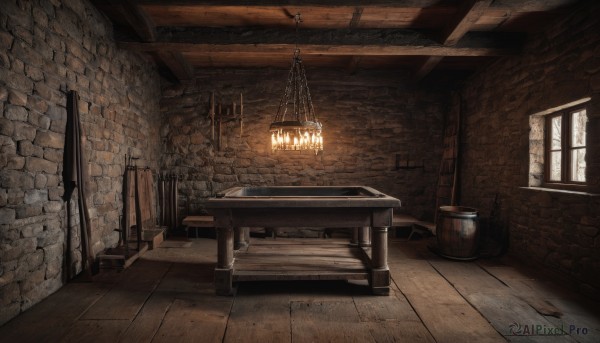 day,indoors,no humans,window,chair,table,sunlight,scenery,lantern,wooden floor,stairs,door,lamp,candle,wall,brick wall,barrel,wooden table,stone wall,fireplace,crate,wood,wooden chair,fire,fantasy,bucket,chandelier,stone floor,brick