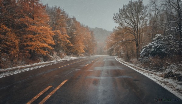 outdoors,sky,day,cloud,tree,no humans,nature,scenery,snow,forest,mountain,road,autumn leaves,winter,bare tree,street,autumn,grey sky,rain,snowing,realistic,landscape,path