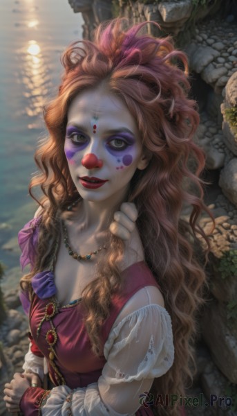 1girl,solo,long hair,breasts,looking at viewer,smile,brown hair,dress,cleavage,jewelry,medium breasts,upper body,flower,red hair,multicolored hair,outdoors,parted lips,puffy sleeves,water,necklace,nail polish,lips,see-through,makeup,wavy hair,facial mark,red dress,own hands together,lipstick,messy hair,eyeshadow,freckles,curly hair,purple flower,red lips,facepaint,brown eyes,gem,pale skin,realistic