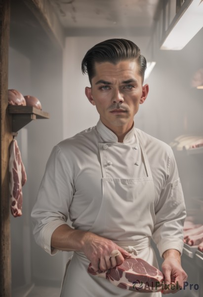 solo,looking at viewer,short hair,black hair,1boy,holding,closed mouth,standing,white shirt,upper body,male focus,food,indoors,black eyes,apron,lips,buttons,facial hair,freckles,realistic,meat,chef,chicken (food),jewelry,ring,holding food,beard,arm hair,steak