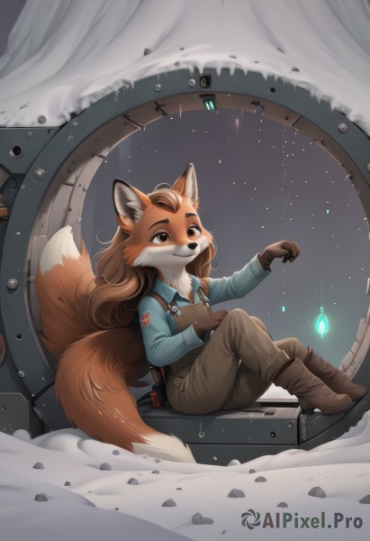 1girl,solo,long hair,smile,brown hair,shirt,gloves,long sleeves,animal ears,brown eyes,sitting,closed mouth,tail,full body,boots,sky,pants,artist name,hand up,signature,uniform,flat chest,fox ears,window,night,fox tail,watermark,brown footwear,happy,thick eyebrows,looking up,blue shirt,fox girl,multiple tails,star (sky),furry,snow,brown gloves,freckles,pocket,animal hands,furry female,overalls,body fur,brown pants,white fur,animal nose,fox,snout,brown fur,orange fur,collared shirt,high heels,from side,animal ear fluff,:3,buttons,light particles,knees up,yellow fur,blue overalls