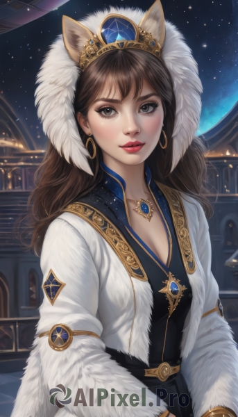 1girl,solo,long hair,breasts,looking at viewer,bangs,brown hair,long sleeves,dress,animal ears,cleavage,brown eyes,jewelry,medium breasts,closed mouth,collarbone,upper body,earrings,sky,belt,cat ears,necklace,black eyes,black dress,bracelet,lips,coat,grey eyes,fur trim,eyelashes,makeup,night,fake animal ears,wavy hair,tiara,crown,lipstick,gem,star (sky),night sky,pendant,starry sky,gold trim,hoop earrings,nose,red lips,space,artist name,realistic,white coat