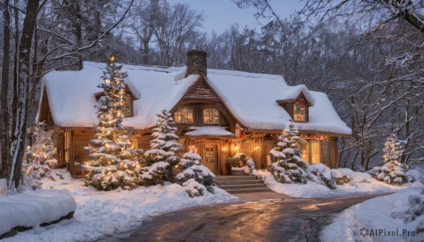 outdoors,sky,day,tree,no humans,window,building,nature,scenery,snow,forest,snowing,stairs,door,road,house,winter,christmas tree,bare tree,chimney,pine tree,blue sky,plant,lantern,mountain,bush,architecture,east asian architecture