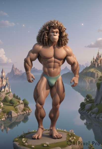 solo,long hair,looking at viewer,smile,brown hair,1boy,navel,animal ears,underwear,nipples,standing,full body,flower,male focus,thighs,outdoors,sky,cloud,dark skin,water,stomach,muscular,facial hair,thick thighs,abs,dark-skinned male,underwear only,thick eyebrows,cloudy sky,pectorals,muscular male,bara,beard,large pectorals,curly hair,bulge,topless male,mountain,furry male,giant,male underwear,lion ears,bear ears,chest hair,male swimwear,castle,navel hair,leg hair,arm hair,hairy,cliff,swim briefs,lion boy,blue eyes,artist name,tree,watermark,star (sky),web address,furry,toenails,rock,body hair