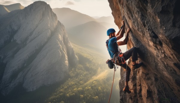 solo,brown hair,shirt,black hair,1boy,hat,short sleeves,male focus,outdoors,sky,shoes,pants,tree,blue shirt,t-shirt,sneakers,nature,scenery,baseball cap,blue headwear,rock,mountain,bandana,cliff,climbing,standing,black pants,rope