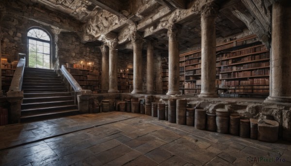 day,indoors,book,no humans,window,sunlight,plant,scenery,light rays,stairs,railing,bookshelf,architecture,ruins,pillar,statue,library,arch,column,chair,fantasy,candle,barrel,candlestand,chandelier