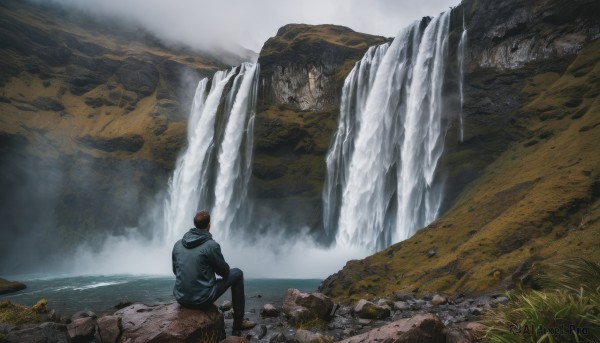 solo, brown hair, 1boy, sitting, male focus, outdoors, hood, water, from behind, hoodie, hood down, grass, scenery, rock, waterfall, cliff