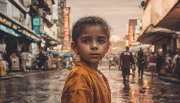 1girl,solo,looking at viewer,short hair,blue eyes,brown hair,shirt,black hair,1boy,closed mouth,jacket,upper body,male focus,outdoors,solo focus,dark skin,blurry,dark-skinned female,lips,depth of field,blurry background,building,child,curly hair,city,realistic,nose,male child,crowd,very dark skin,afro,multiple boys,car,road,street,people