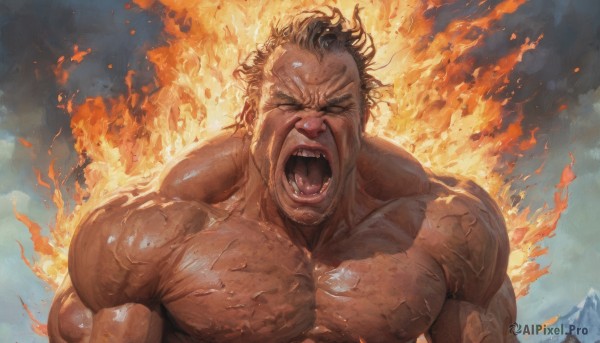 solo,open mouth,blonde hair,black hair,1boy,nipples,closed eyes,upper body,male focus,outdoors,sky,teeth,muscular,fire,pectorals,muscular male,angry,veins,topless male,mountain,realistic,manly,shouting,screaming,burning,molten rock,short hair,brown hair,tongue,facial hair,bara,large pectorals,veiny arms