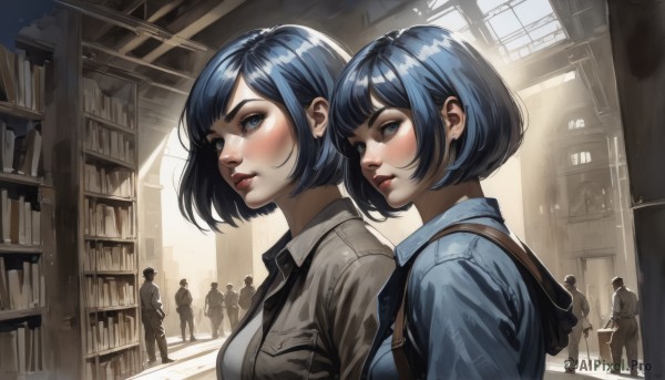 breasts,looking at viewer,short hair,bangs,blue eyes,multiple girls,shirt,black hair,2girls,jewelry,blue hair,standing,jacket,upper body,earrings,parted lips,multiple boys,collared shirt,indoors,uniform,from side,lips,looking to the side,book,sunlight,bob cut,backpack,blue shirt,6+boys,nose,bookshelf,crowd,library,clone,people,blush,medium breasts,closed mouth,day,shiny,hood,makeup,suspenders,realistic