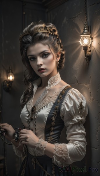 1girl,solo,long hair,breasts,looking at viewer,skirt,brown hair,shirt,black hair,hair ornament,long sleeves,dress,holding,jewelry,closed mouth,standing,white shirt,upper body,braid,cowboy shot,earrings,frills,parted lips,choker,puffy sleeves,artist name,indoors,signature,necklace,black eyes,lips,grey eyes,eyelashes,single braid,makeup,ring,lipstick,juliet sleeves,brooch,gem,lace trim,lace,hair over shoulder,puffy long sleeves,freckles,gold trim,lantern,realistic,nose,red lips,lamp,mascara,lace-trimmed dress,lace-trimmed sleeves,medium breasts,bracelet,watermark,blouse,curly hair,watch