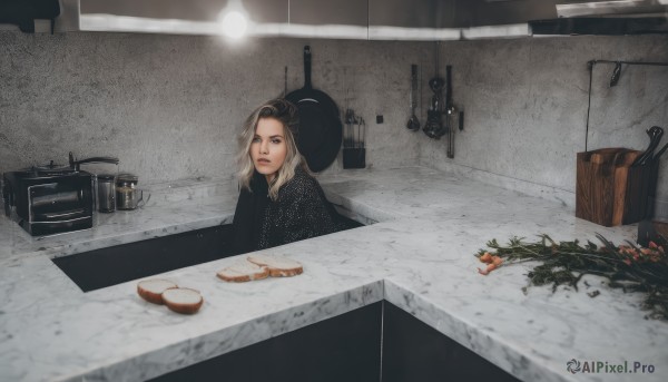 1girl,solo,long hair,looking at viewer,blue eyes,blonde hair,hat,food,indoors,lips,plant,realistic,kitchen,frying pan,brown hair,jewelry,weapon,necklace,gun,table,bottle,rifle,stove