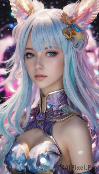 1girl,solo,long hair,breasts,looking at viewer,bangs,blue eyes,hair ornament,animal ears,cleavage,bare shoulders,medium breasts,blue hair,upper body,parted lips,teeth,blunt bangs,blurry,lips,clothing cutout,eyelashes,makeup,cleavage cutout,feathers,armlet,realistic,jewelry,multicolored hair,nose,feather hair ornament,erune