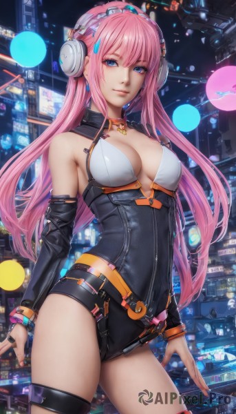 megurine luka,1girl,solo,long hair,breasts,looking at viewer,smile,bangs,blue eyes,thighhighs,cleavage,bare shoulders,jewelry,medium breasts,very long hair,closed mouth,standing,pink hair,cowboy shot,detached sleeves,bracelet,leotard,lips,thigh strap,headphones,building,single thighhigh,black leotard,zipper,city,long sleeves,sidelocks,thighs,hairband,earrings,belt,artist name,signature,necklace,nail polish,ring,headset,science fiction,contrapposto,realistic,cyberpunk