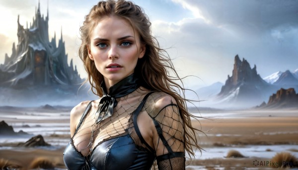 HQ,1girl,solo,long hair,breasts,looking at viewer,blue eyes,large breasts,brown hair,cleavage,medium breasts,upper body,outdoors,parted lips,sky,day,cloud,lips,bodysuit,cloudy sky,fishnets,mountain,realistic,castle,blonde hair,teeth,scarf