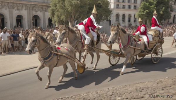 hat,boots,outdoors,multiple boys,day,tree,6+girls,animal,helmet,ground vehicle,building,6+boys,road,riding,horse,crowd,soldier,horseback riding,people,reins,saddle,holding,jacket,weapon,pants,sword,holding weapon,scenery,white pants,fantasy,castle,knight