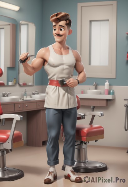 solo,smile,short hair,brown hair,shirt,1boy,holding,bare shoulders,brown eyes,standing,full body,white shirt,male focus,shoes,belt,pants,indoors,covered nipples,muscular,facial hair,chair,thick eyebrows,tank top,pectorals,muscular male,bara,bulge,mirror,mustache,white tank top,pompadour,open mouth,socks,black eyes,sneakers,large pectorals,undercut