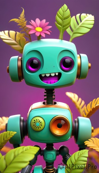 solo,looking at viewer,smile,open mouth,simple background,standing,purple eyes,flower,:d,teeth,blurry,no humans,headphones,leaf,plant,robot,mecha,pink flower,purple background,straight-on,non-humanoid robot,upper body,artist name,gradient,depth of field,pink background,one-eyed,humanoid robot