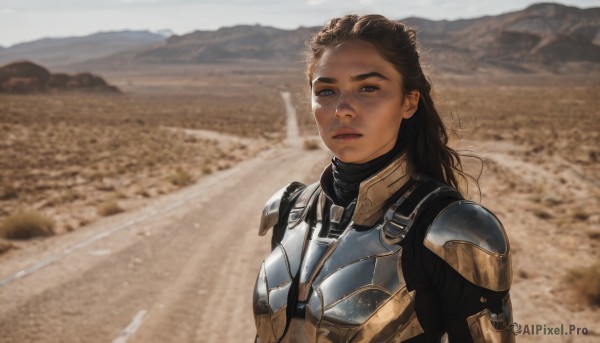 1girl,solo,long hair,looking at viewer,brown hair,brown eyes,closed mouth,upper body,outdoors,day,dark skin,armor,blurry,dark-skinned female,lips,bodysuit,blurry background,scar,shoulder armor,science fiction,breastplate,realistic,power armor,photo background,desert,expressionless,thick eyebrows,sand