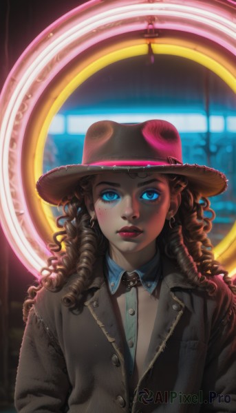 1girl,solo,long hair,looking at viewer,blue eyes,brown hair,shirt,hat,jewelry,jacket,upper body,earrings,necktie,collared shirt,artist name,mole,lips,eyelashes,mole under eye,makeup,buttons,glowing,watermark,formal,suit,blue shirt,lipstick,freckles,curly hair,nose,hands in pockets,brown headwear,red lips,cowboy hat,ringlets,mole on cheek,blush,closed mouth,parted lips,blurry,glowing eyes,web address,backlighting,eyeliner,leather,leather jacket