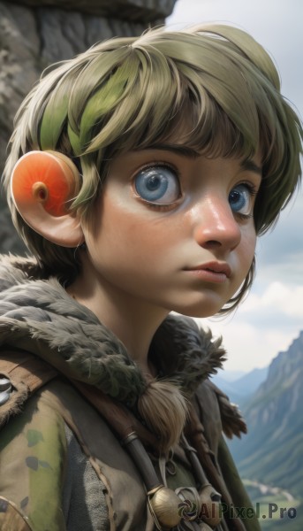 solo,looking at viewer,short hair,bangs,blue eyes,blonde hair,brown hair,1boy,closed mouth,upper body,male focus,outdoors,green hair,sky,day,blurry,lips,fur trim,depth of field,blurry background,child,portrait,androgynous,freckles,mountain,realistic,nose,male child,1girl,multicolored hair,eyelashes,bird,headphones,fur collar,earmuffs,facepaint