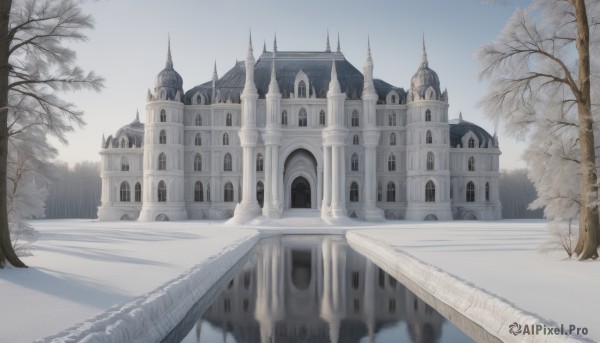 outdoors,sky,day,cloud,tree,blue sky,no humans,window,building,scenery,snow,reflection,road,architecture,winter,bridge,bare tree,castle,tower,fog,city,street,path