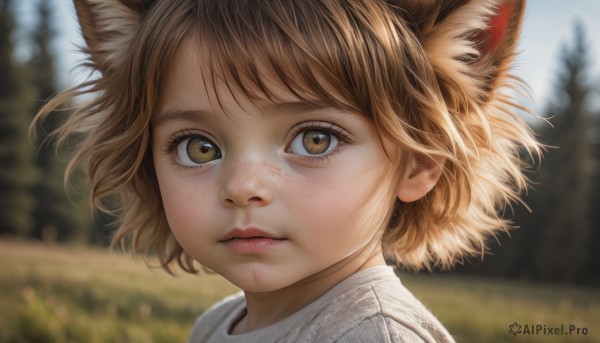 1girl,solo,looking at viewer,short hair,bangs,blonde hair,brown hair,shirt,animal ears,brown eyes,jewelry,yellow eyes,white shirt,outdoors,parted lips,day,cat ears,blurry,lips,animal ear fluff,fox ears,eyelashes,depth of field,blurry background,portrait,extra ears,close-up,freckles,realistic,nose,closed mouth,tree,grass,wind