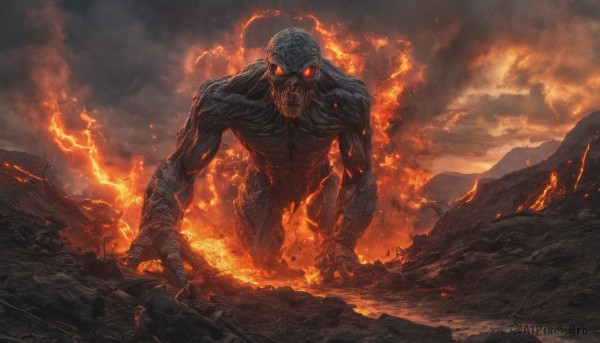 solo, red eyes, outdoors, sky, cloud, no humans, glowing, cloudy sky, fire, glowing eyes, monster, destruction, molten rock, kaijuu