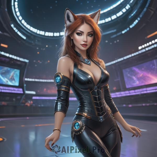 1girl,solo,long hair,breasts,looking at viewer,smile,blue eyes,large breasts,brown hair,animal ears,cleavage,bare shoulders,jewelry,medium breasts,standing,cowboy shot,earrings,detached sleeves,pants,indoors,cat ears,nail polish,mole,bracelet,lips,fox ears,bodysuit,makeup,black pants,lipstick,black nails,red lips,red hair,belt,artist name,signature,necklace,orange hair,fingernails,fox girl,skin tight,freckles,long fingernails,hoop earrings,realistic,nose,sharp fingernails,black bodysuit,tight