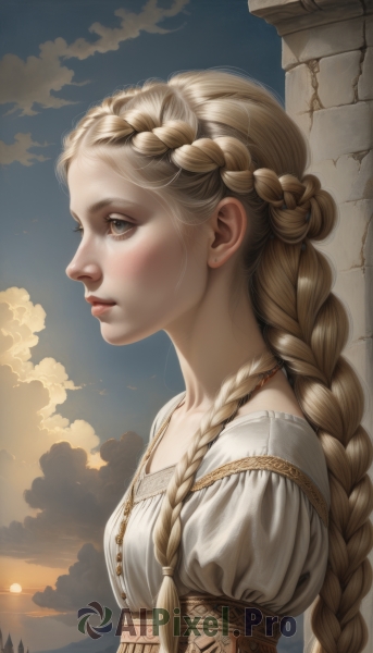 1girl,solo,long hair,blue eyes,blonde hair,dress,jewelry,upper body,braid,short sleeves,outdoors,parted lips,sky,puffy sleeves,cloud,necklace,white dress,twin braids,from side,puffy short sleeves,lips,grey eyes,eyelashes,profile,looking away,sunlight,cloudy sky,looking up,corset,freckles,sunset,realistic,nose,sun,looking afar,castle,multiple braids,breasts,blush,closed mouth,earrings,stud earrings,crown braid,pillar