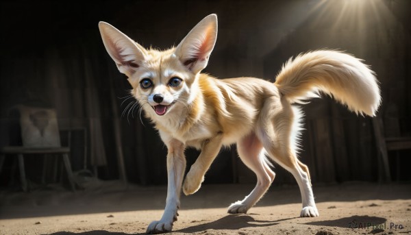 HQ,solo,open mouth,blue eyes,standing,full body,tongue,indoors,tongue out,no humans,shadow,animal,fangs,chair,sunlight,cat,dog,light rays,realistic,animal focus,looking at viewer,tail,signature,white fur,spotlight