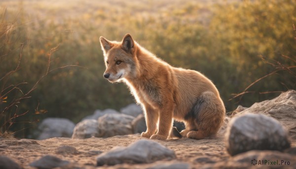 solo,outdoors,day,blurry,black eyes,tree,no humans,depth of field,blurry background,animal,nature,dog,rock,realistic,branch,animal focus,autumn,looking at viewer,signature,water