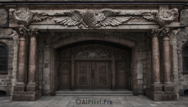 wings,indoors,no humans,window,scenery,feathered wings,stairs,fantasy,door,architecture,pillar,statue,arch,column,stone floor,monochrome,outdoors,building,wall,tile floor,east asian architecture,gate,pavement,brick floor