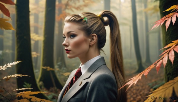 1girl,solo,long hair,blue eyes,blonde hair,brown hair,shirt,hair ornament,school uniform,jacket,white shirt,upper body,ponytail,outdoors,necktie,hairclip,collared shirt,blurry,from side,tree,lips,profile,makeup,blurry background,leaf,formal,blazer,suit,red necktie,nature,forest,realistic,grey jacket,nose,red lips,autumn leaves,hair pulled back,autumn,jewelry,earrings,day,striped,depth of field,lipstick