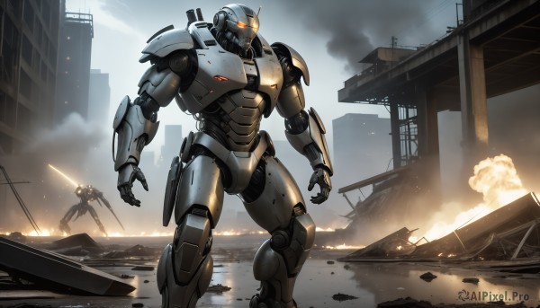 HQ,standing,weapon,outdoors,solo focus,sword,armor,gun,military,no humans,glowing,fire,robot,building,mecha,glowing eyes,smoke,science fiction,city,realistic,military vehicle,ruins,damaged,open hands,power armor,debris,embers,dust,rubble,arm blade,cloud,battle,glowing eye,explosion,dirty,destruction,radio antenna