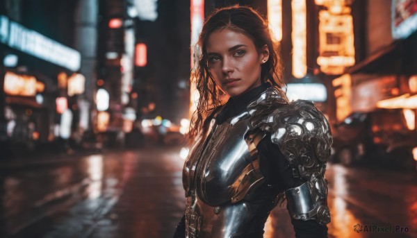 1girl,solo,long hair,breasts,looking at viewer,brown hair,black hair,brown eyes,jewelry,medium breasts,upper body,earrings,outdoors,dark skin,armor,blurry,dark-skinned female,lips,bodysuit,night,depth of field,blurry background,scar,science fiction,city,realistic,nose,leather,cyborg,cyberpunk,shoulder armor,scar on face,backlighting,breastplate,road,street,neon lights